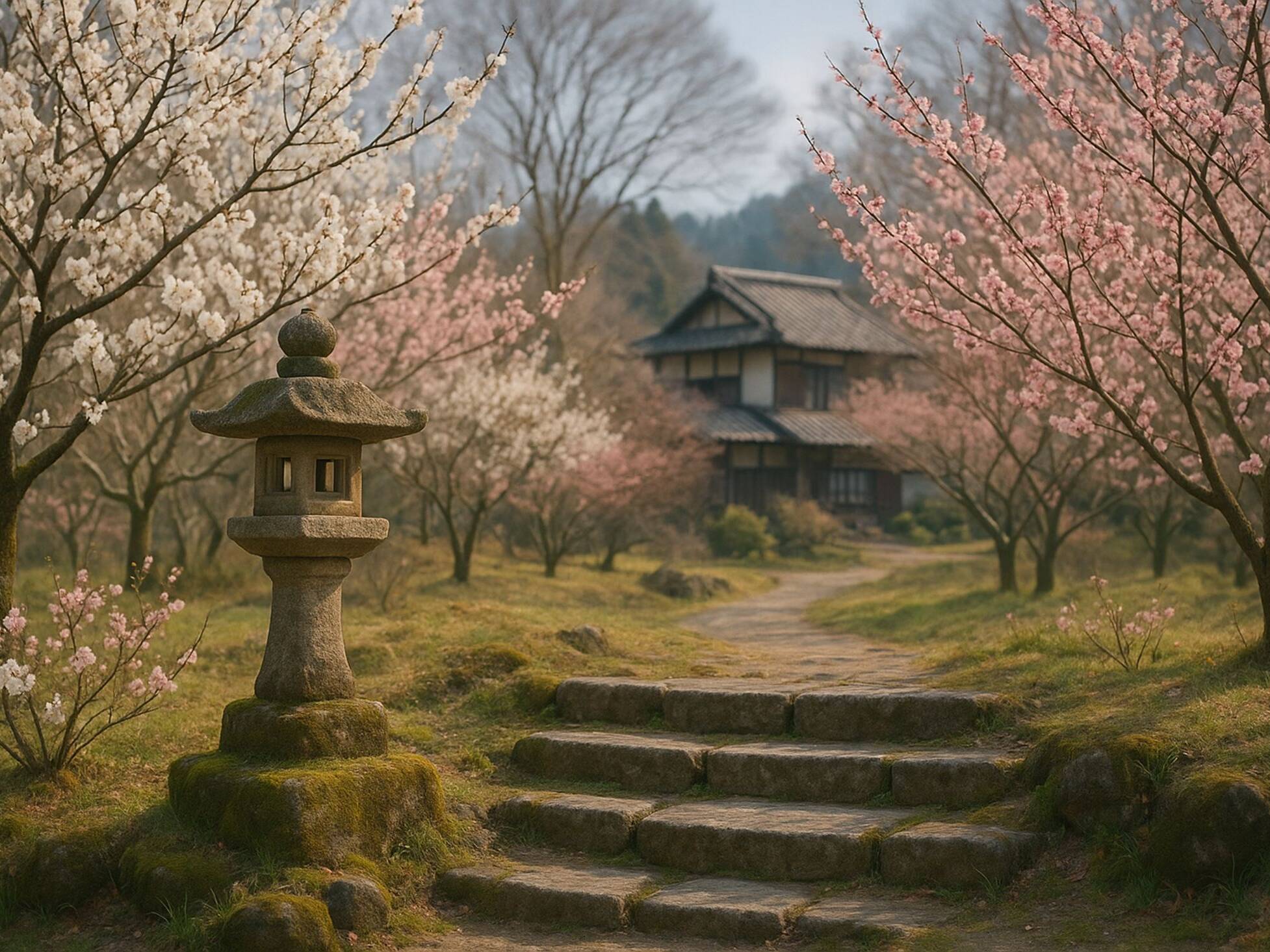 桜の季節の穏やかな農村風景